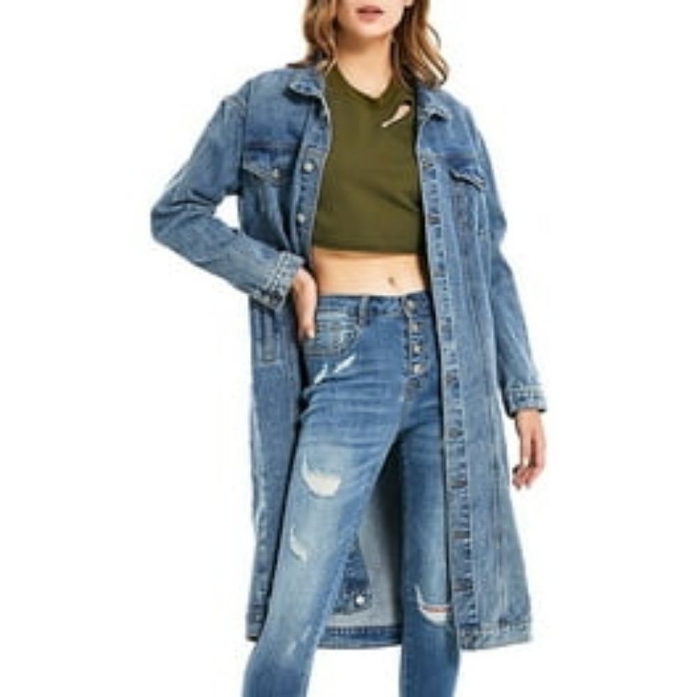 DKNY Vintage, Rare Beautiful Distressed Full Length Denim Coat - Picture 10 of 10